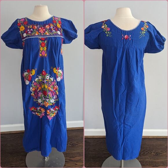 Vintage Dresses & Skirts - Vintage Puebla Maxi Dress Small 70s Blue Colorful Flower Basket Cotton